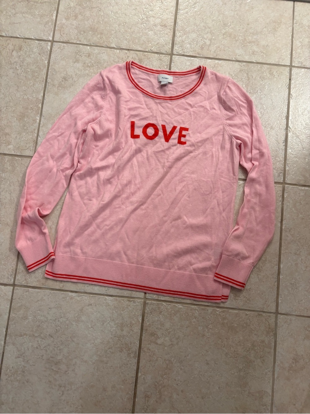 Old Navy Pink Crewneck Sweater with Red LOVE Lettering medium